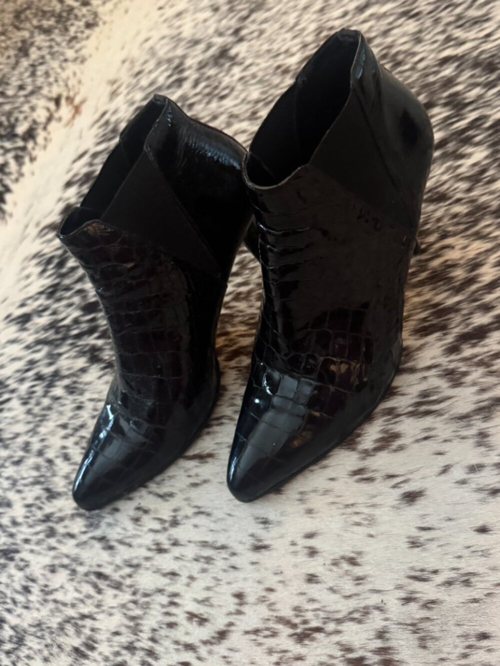 Prada Black Croc Embossed Patent Leather Pointed Ankle Booties Size 37
